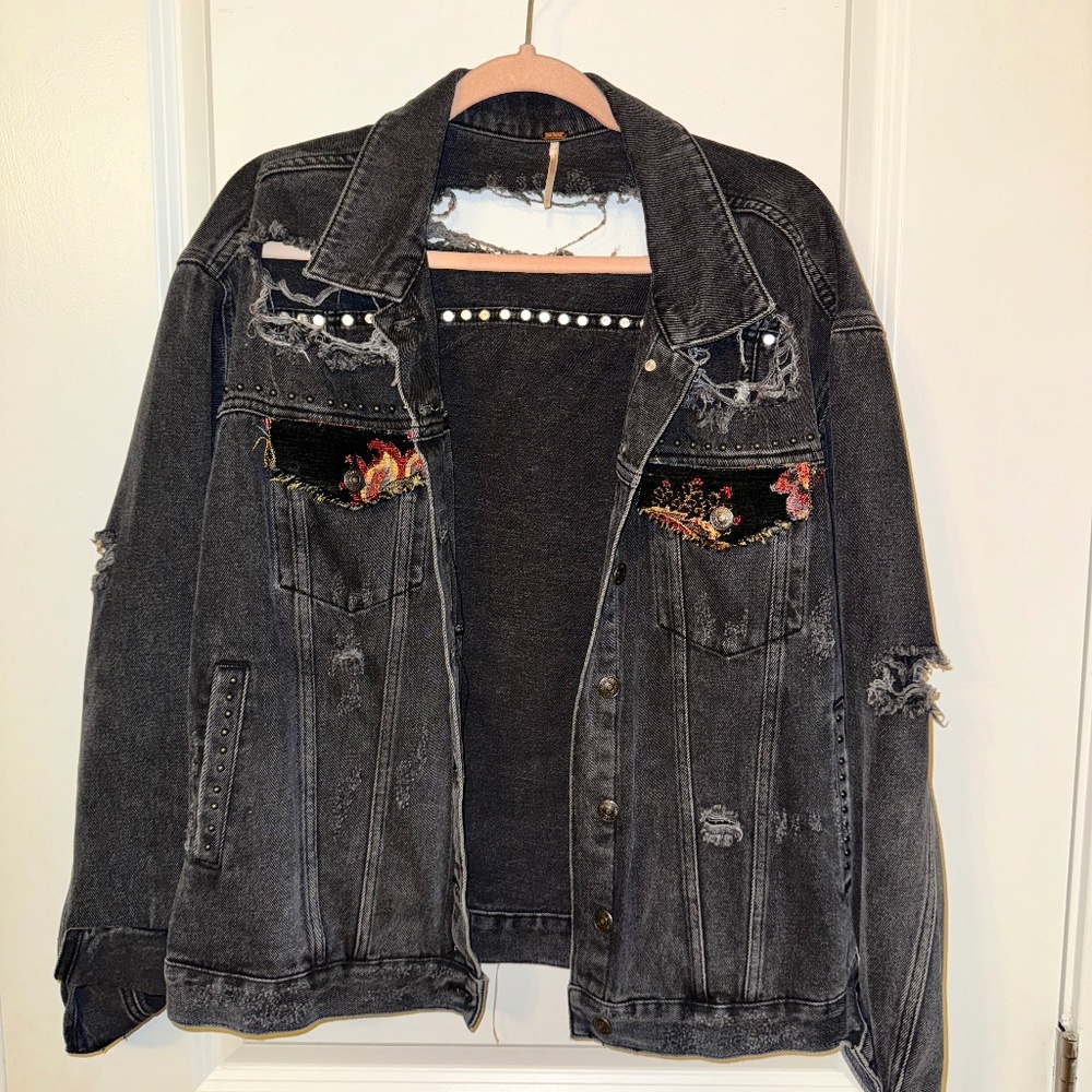 Free People Embellished Distressed Denim Jacket – Size M